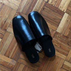 ZARA womans Black Leather Slip-On Mules
